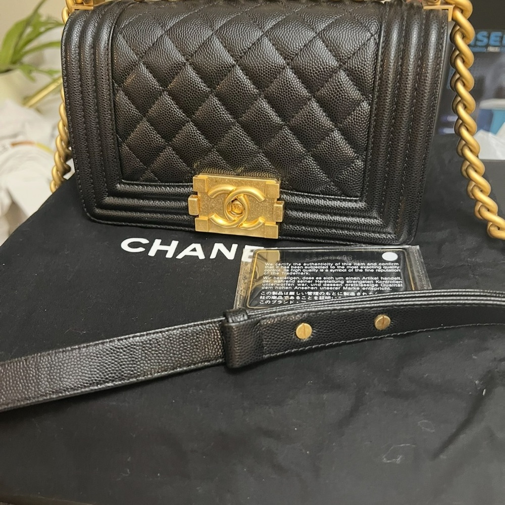 CHANEL Black Quilted Boy Bag with Gold Accents